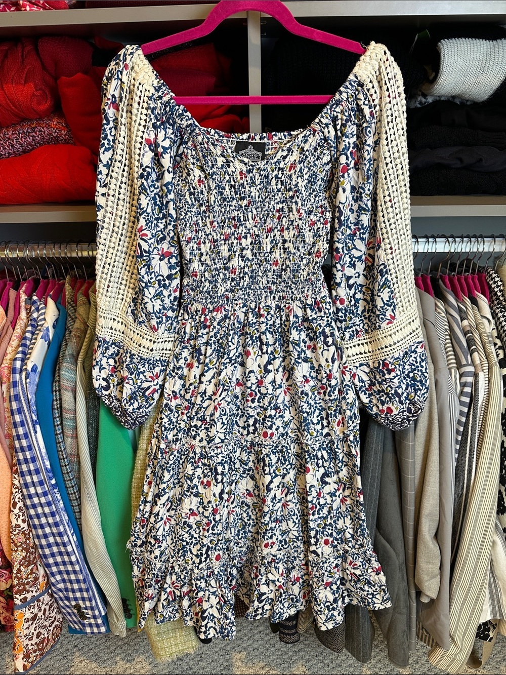 Angie white/blue/pink floral long sleeve smocked v neck dress size S